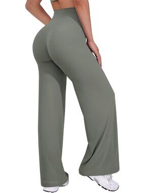 Women's Gray Green High Waist Stretch Casual Straight Bottoms Wide Leggings
